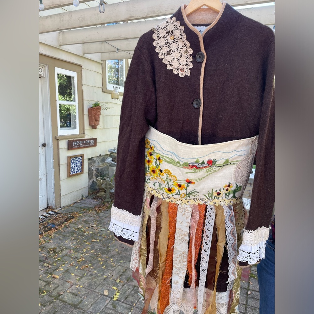 Handmade artsy boho sweater coat and embroidered cottagecore farm topper